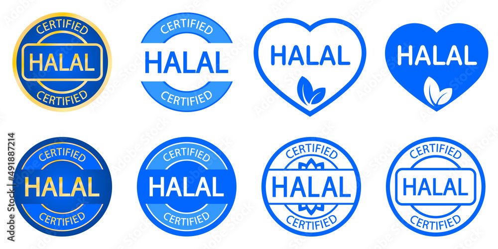 Set of Halal food products label, badge or logo. Vector Halal sign certificate tag. Round icon. Blue Sticker design Set of Halal food products label, badge or logo. Vector Halal sign certificate tag. Round icon. Blue Sticker design
