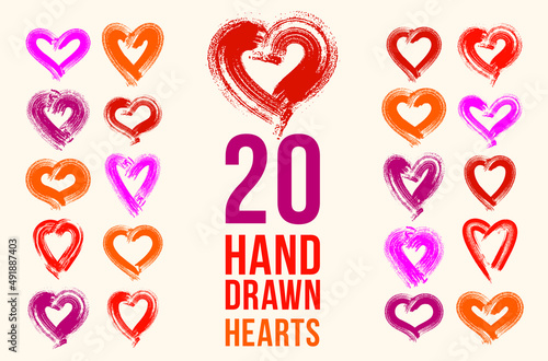 Hand drawn hearts vector logos or icons set, brush stroke painted hearts symbols collection, sketch doodle graphic design elements.