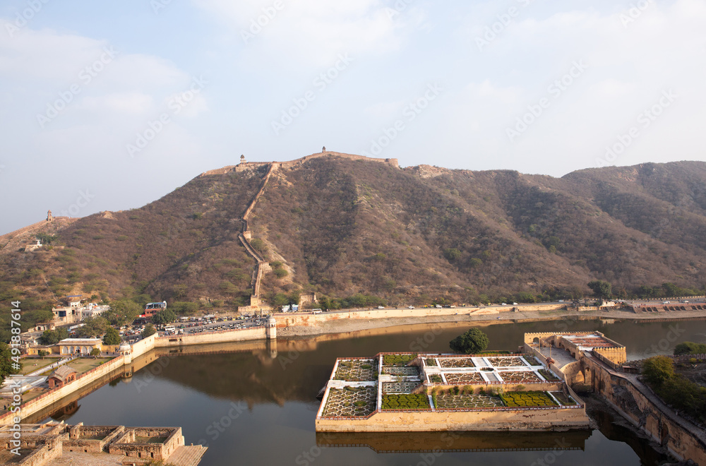 A view of  moutain,  Kesar Kyari Garden and Maotha Lake,  outside Ancient Amer fort of Jaipur, India
