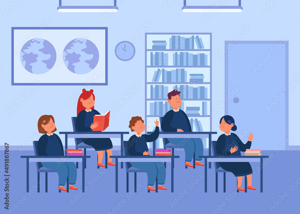 Pupils sitting at desks in classroom flat vector illustration. Boys and girls studying together. Classmates raising hands to answer and talking. Education, school concept Pupils sitting at desks in classroom flat vector illustration. Boys and girls studying together. Classmates raising hands to answer and talking. Education, school concept