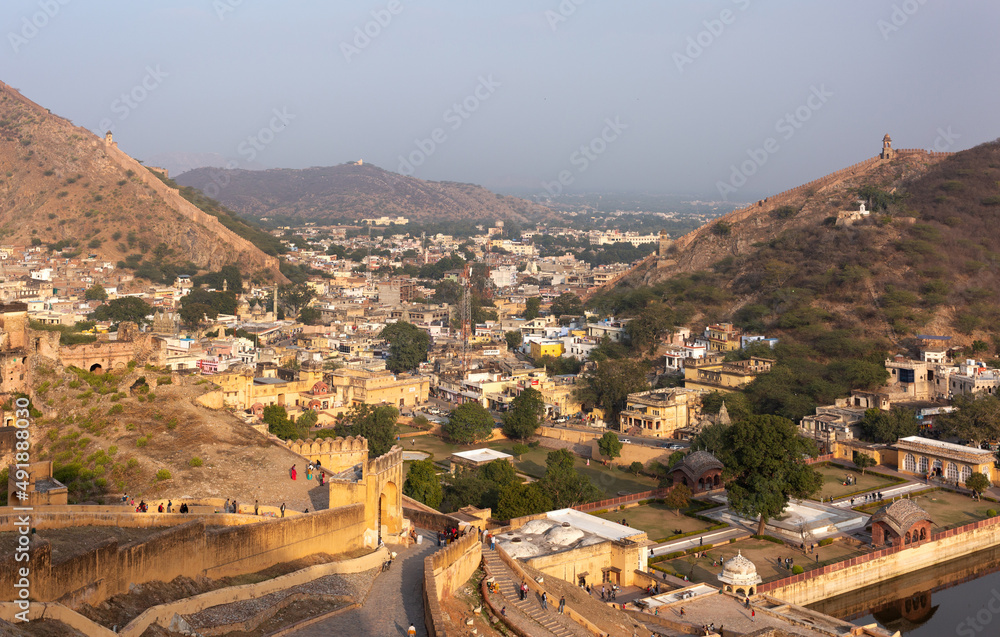 A view of Amer town and the entrance of Ancient Amer fort of Jaipur, India