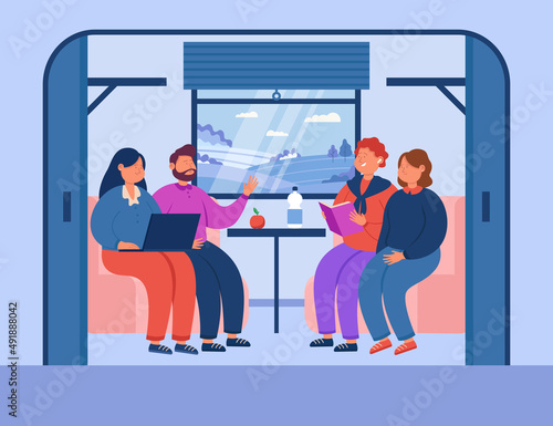 Couples travelling by train flat vector illustration. Young men and women meeting at railway station, talking, sitting in wagon, reading book, using laptop. Transport, trip concept © PCH.Vector