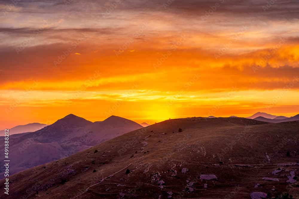 Beautiful sunset over Gran Sasso National Park in Abruzzo, Italy