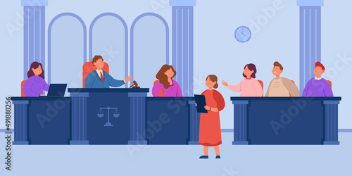 Male and female people in courtroom flat vector illustration. Judge listening attorney. Female lawyer giving speech in courthouse. Trial, justice, law process concept