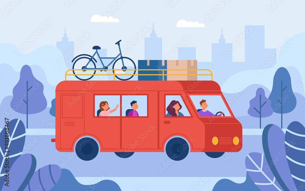 Vettoriale Stock Family road trip in van flat vector illustration. Mother,  father and kids travelling by car or camper during summer vacation,  spending time together and having fun. Adventure, journey concept