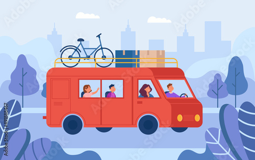 Family road trip in van flat vector illustration. Mother, father and kids travelling by car or camper during summer vacation, spending time together and having fun. Adventure, journey concept