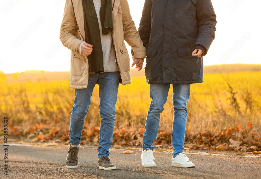 Happy gay couple walking outdoors on autumn day Happy gay couple walking outdoors on autumn day