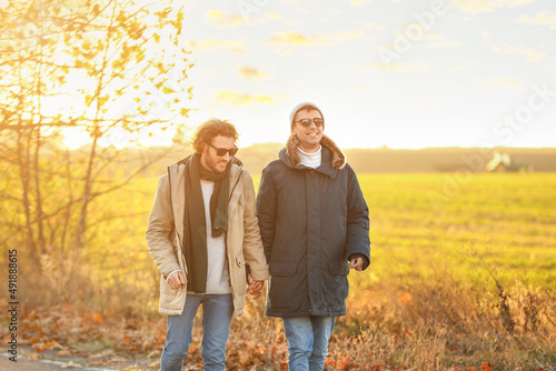 Happy gay couple walking ou...