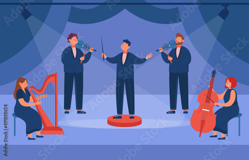 Conductor and musicians in official suit on stage. Men and women playing violin, harp and cello in theater flat vector illustration. Opera, orchestra performance, classical music concept