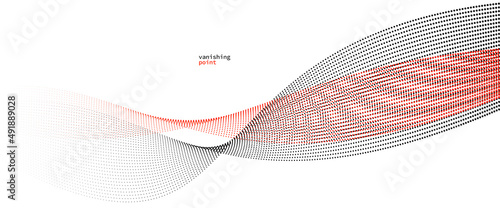 Wave of flowing vanishing particles vector abstract background, red and black curvy lines dots in motion relaxing illustration, smoke like image.