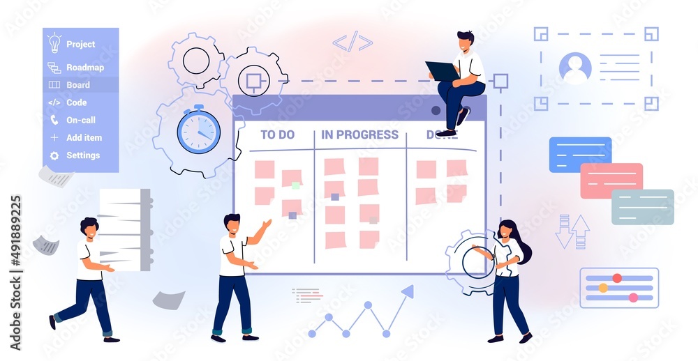 Scrum task board Agile organizer with people sticking papers on it Analyzing process of software development Flat style isolated vector illustration Whiteboard and process teamwork Scheme methodology