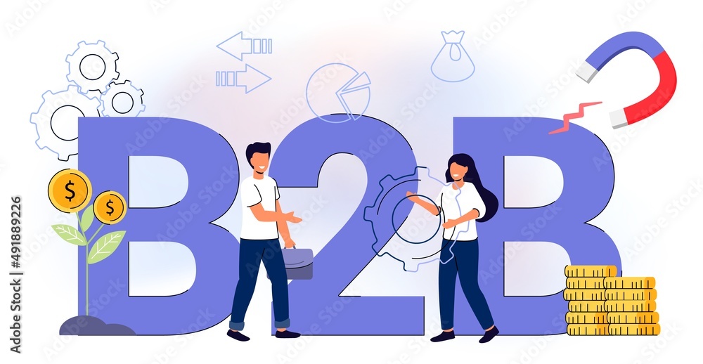 B2B Business to business Successful business collaboration Data and key performance indicators for business intelligence analytics Marketing strategy, commerce Vector illustration concept