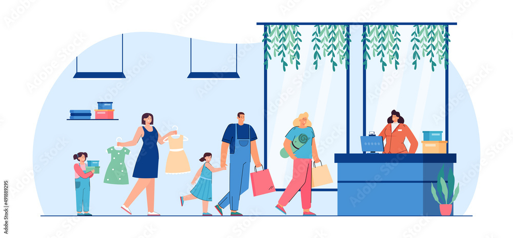Customer standing in line in shop flat vector illustration. Man, women and kids waiting in queue to pay for purchase, buying new clothes and dresses. Family shopping, mall concept Customer standing in line in shop flat vector illustration. Man, women and kids waiting in queue to pay for purchase, buying new clothes and dresses. Family shopping, mall concept