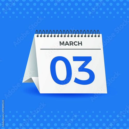 White calendar on blue background. March 3th. Vector. 3D illustration.