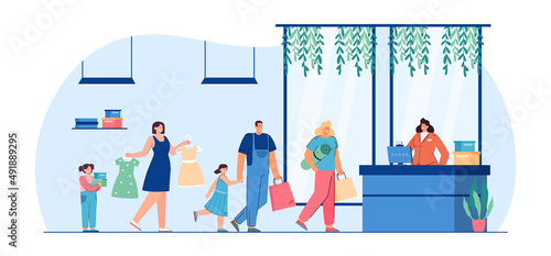 Customer standing in line in shop flat vector illustration. Man, women and kids waiting in queue to pay for purchase, buying new clothes and dresses. Family shopping, mall concept
