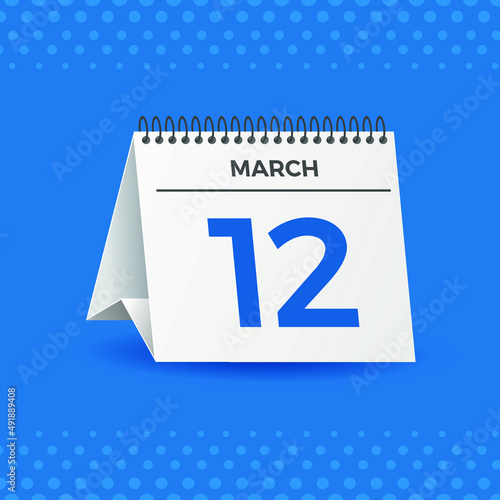 White calendar on blue background. March 12th. Vector. 3D illustration.