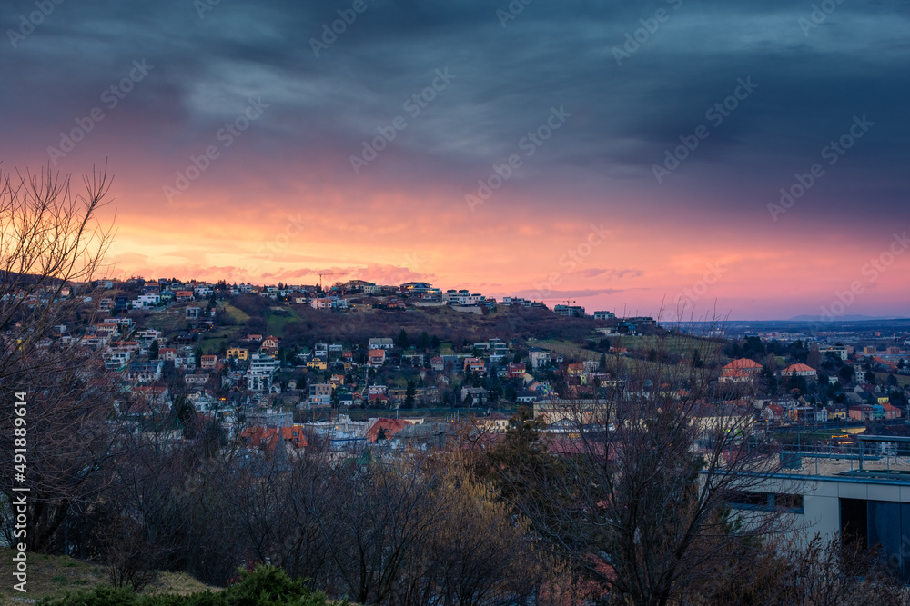 Amazing sunset over the suburbs and the hills of Bratislava,  Slovakia