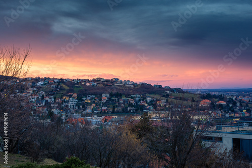 Amazing sunset over the suburbs and the hills of Bratislava, Slovakia