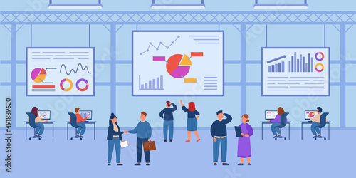 People working in data control center flat vector illustration. Men and women analyzing statistics, diagrams, providing computer and software security. Cybersecurity department concept