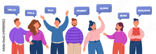 People saying hello in different languages. Multiethnic men and women speaking foreign languages. Multilingual speakers greeting flat vector illustration. International communication concept