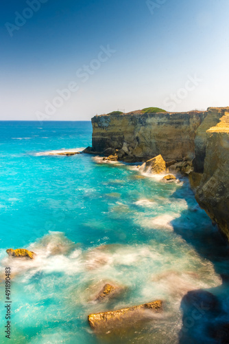 Landscape of the sea stacks "Due Sorelle" from the cliffs of Salento, Apulia Italy