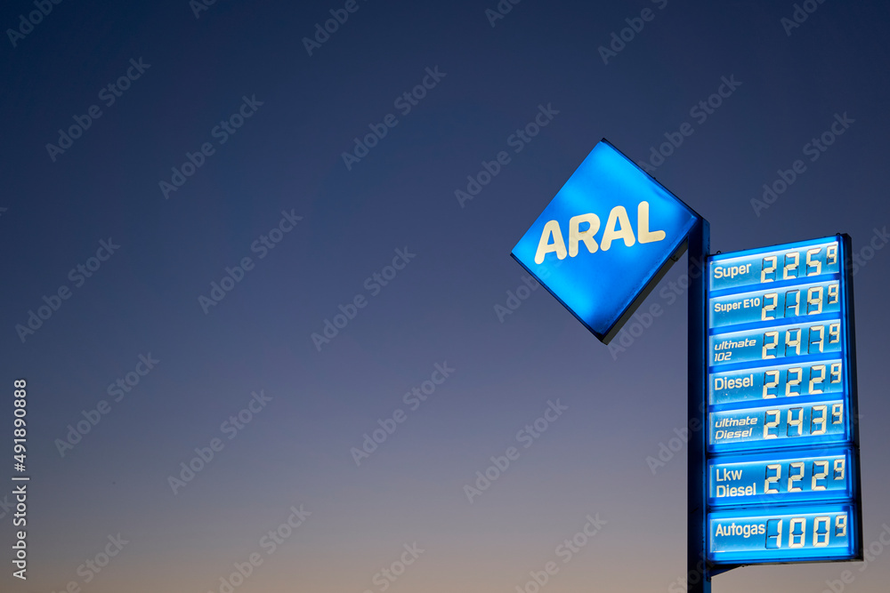 Close up of Price board with high gasoline, diesel and fuel prices. Most  expensive gas and oil prices at German aral filling station in Europe.  Stock Photo | Adobe Stock
