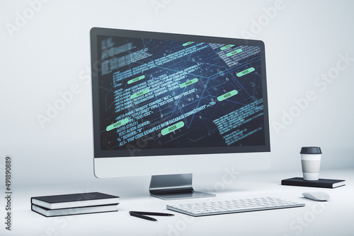 Modern computer display with abstract software development hologram, research and analytics concept. 3D Rendering