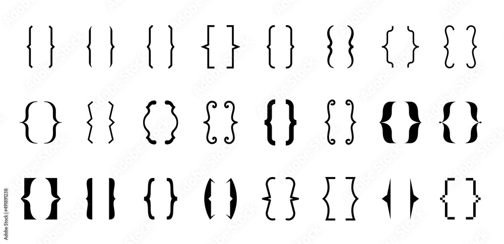 Different curly braces black icon set. Modern and vintage brackets lines and symbol collection for typing or typography. Ornament and vector isolated design elements concept for messages and quotes Different curly braces black icon set. Modern and vintage brackets lines and symbol collection for typing or typography. Ornament and vector isolated design elements concept for messages and quotes