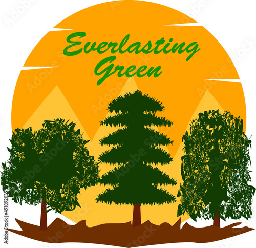 Evergreen pine tree forest with sunset logo symbol vector icon illustration graphic design premium vector