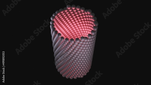 Array of spheres forming a micro tube. Nano array cylindrical formation. Stacked balls. Microtubule, microfilament. Lattice network molecular layer 3d render illustration photo