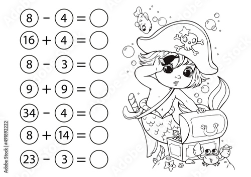 Children's math game, subtraction and addition of numbers. Coloring book with a mermaid boy in a pirate costume found a treasure chest. Mini-task, write the answer in a circle. Preschool education.
