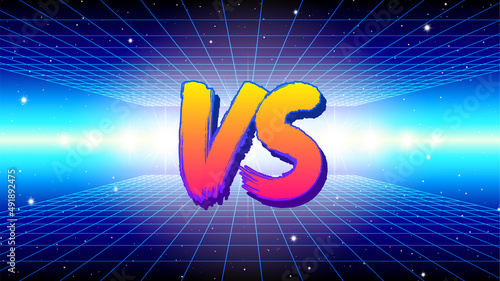 VS sign in 80s game style with synthwave landscape and brush painted letters. Versus symbol for battle or competition poster