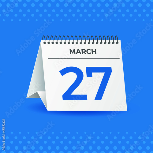 White calendar on blue background. March 27th. Vector. 3D illustration.