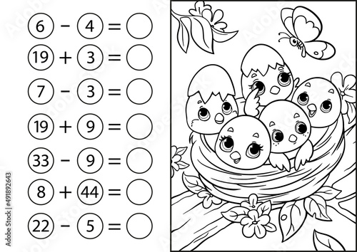 Children's math game, subtraction and addition of numbers. Coloring book with cute chicks in the nest. Mini-task, write the answer in a circle. Preschool education.