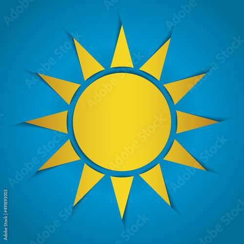Cartoon yellow sun on blue background. Graphic childish design template. Vector illustration. EPS10.