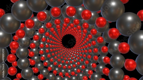 Array of spheres forming a micro tube. Nano array cylindrical formation. Stacked balls. Microtubule, microfilament. Lattice network molecular layer 3d render illustration photo