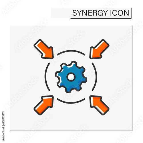 Corporate investment color icon. Circular flow surrounded by arrows. Investment into an inside company. Synergy concept. Isolated vector illustrations