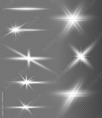 Solar glare.Glow isolated white transparent light effect set, lens flare, explosion, glitter, line, sun flash, spark and stars. Beautiful optical lens flare effect sun light.