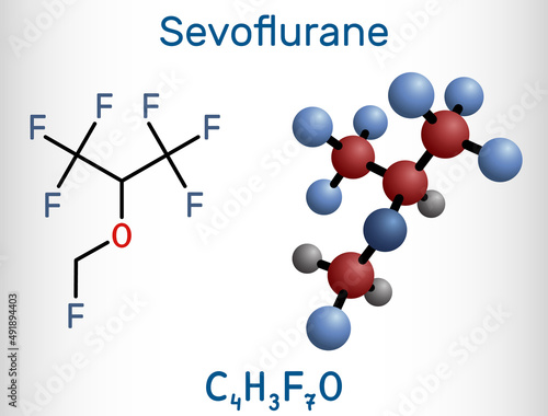 Sevoflurane, fluoromethyl molecule. It is inhalation anaesthetic, used for the general anesthesia. Structural chemical formula and molecule model