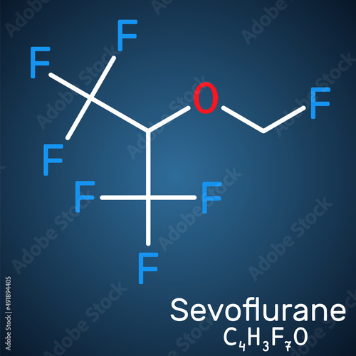 Sevoflurane, fluoromethyl molecule. It is inhalation anaesthetic, used for the general anesthesia. Structural chemical formula on the dark blue background photo