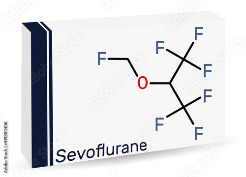 Sevoflurane, fluoromethyl molecule. It is inhalation anaesthetic, used for the general anesthesia. Skeletal chemical formula. Paper packaging for drugs.