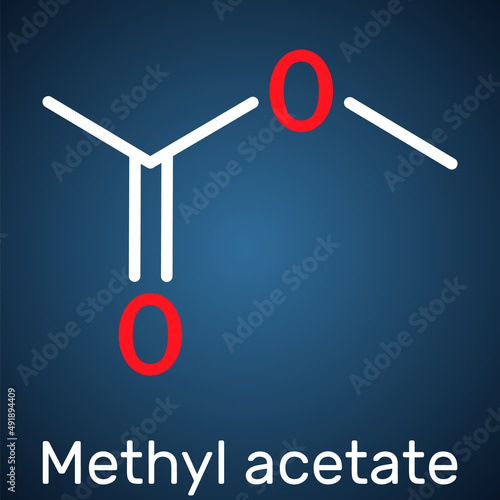 Methyl acetate, methyl ethanoate molecule. It is acetate ester, solvent. Structural chemical formula on the dark blue background photo