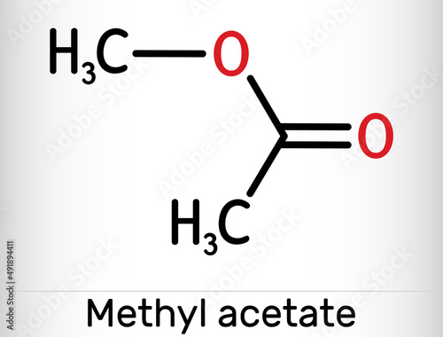 Methyl acetate, methyl ethanoate molecule. It is acetate ester, solvent. Structural chemical formula photo