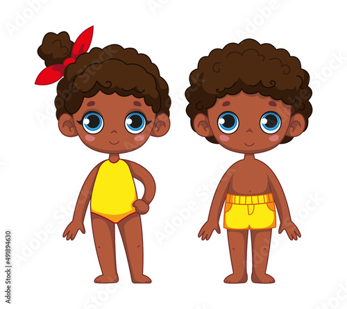 Family, brother and sister. Cute black girl in a swimsuit and a boy. Set of children in beach clothes. Children's illustration of a child. Vector illustration in cartoon style. Isolated clipart.
