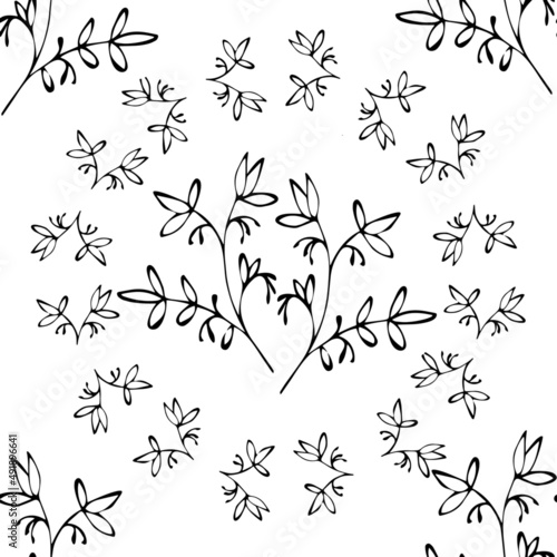 Seamless vector black and white pattern with hand drawn branches of leaves and flower