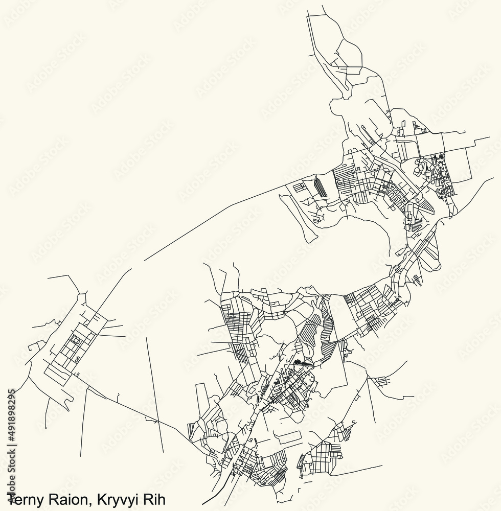 Detailed navigation black lines urban street roads map of the TERNY RAION of the Ukrainian regional capital city Kryvyi Rih, Ukraine on vintage beige background Detailed navigation black lines urban street roads map of the TERNY RAION of the Ukrainian regional capital city Kryvyi Rih, Ukraine on vintage beige background