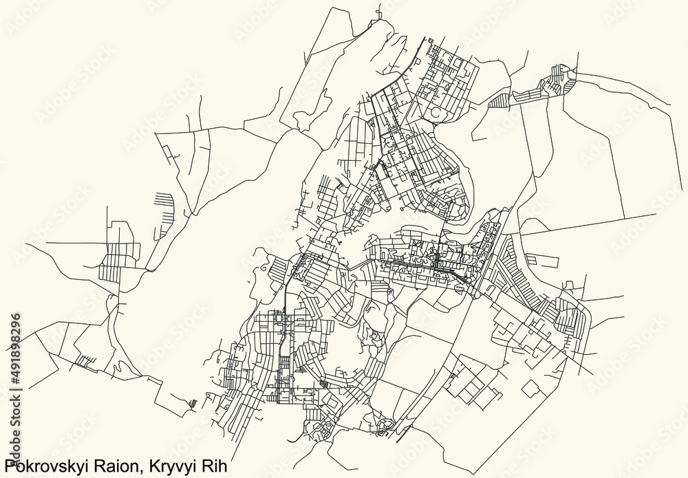 Fototapeta premium Detailed navigation black lines urban street roads map of the POKROVSKYI RAION of the Ukrainian regional capital city Kryvyi Rih, Ukraine on vintage beige background