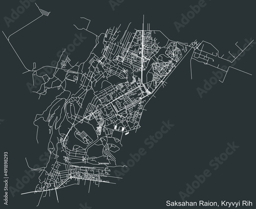 Detailed negative navigation white lines urban street roads map of the SAKSAHAN RAION of the Ukrainian regional capital city Kryvyi Rih, Ukraine on dark gray background