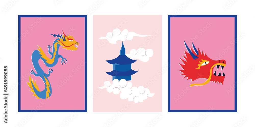 Set of pink posters in oriental style. Vector illustrations with asian dragons and pagoda temple with clouds. Posters for print, textile, fashion, decor, scrapbooking