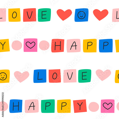 Seamless pattern with colorful alphabet and words happy and love. Cute vector background in 00s style. Hippie style. Childish illustration